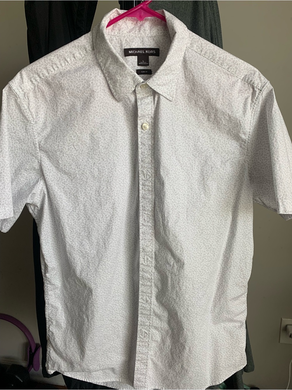 Michael Kors White Short-Sleeve Button-Up with Subtle Gray Microprint